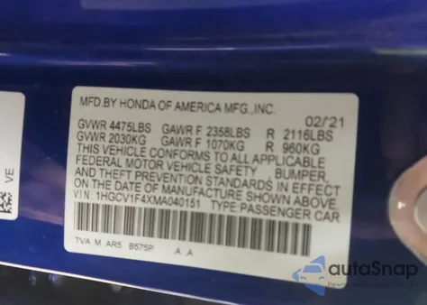 2021 Honda Accord Sport Special Edition из США, поврежденный, VIN 1HGCV1F4XMA040151